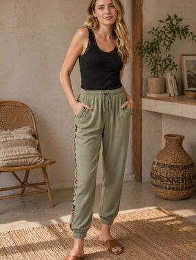 MYSTREE Olive Green Boho Jogger Pants with Side Detail, Drawstring Waist